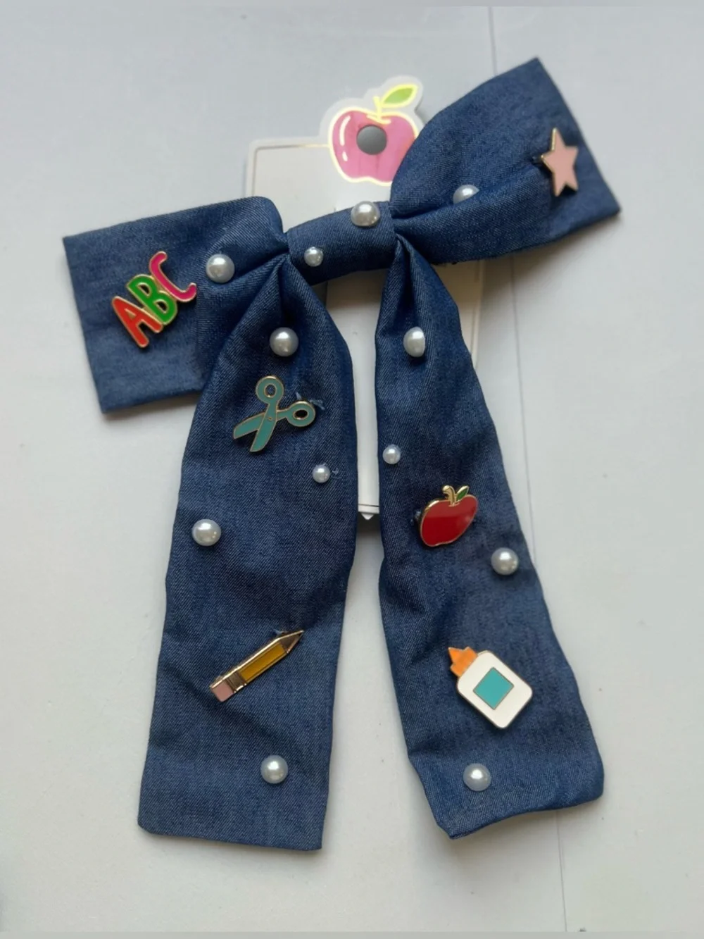 Kids Denim Bow Hair Clip with School Icons - Navy